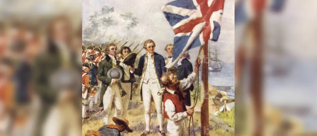 An old painting of Captain Cook raising the Union Jack flag from a flag pole with soldiers standing behind him.